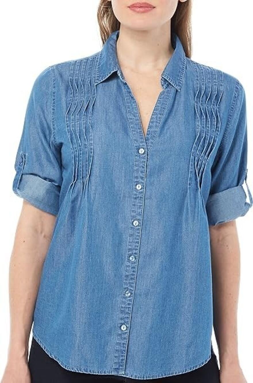 Gloria Vanderbilt Blouse Jean Button Up 3/4 Sleeve Roll Tab Farmhous XL A010539